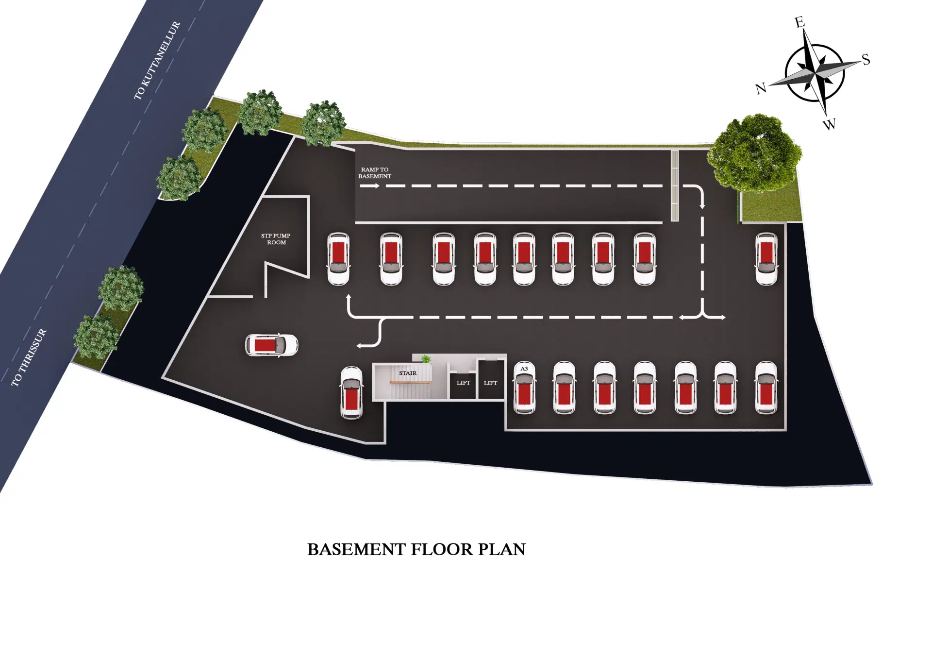 Basement parking area of premium apartment in Thrissur