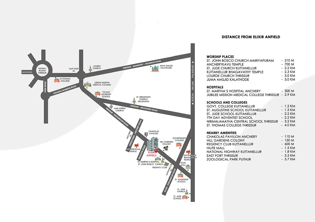 Location map of premium 3 BHK flats in Thrissur at Kuttanellur project site