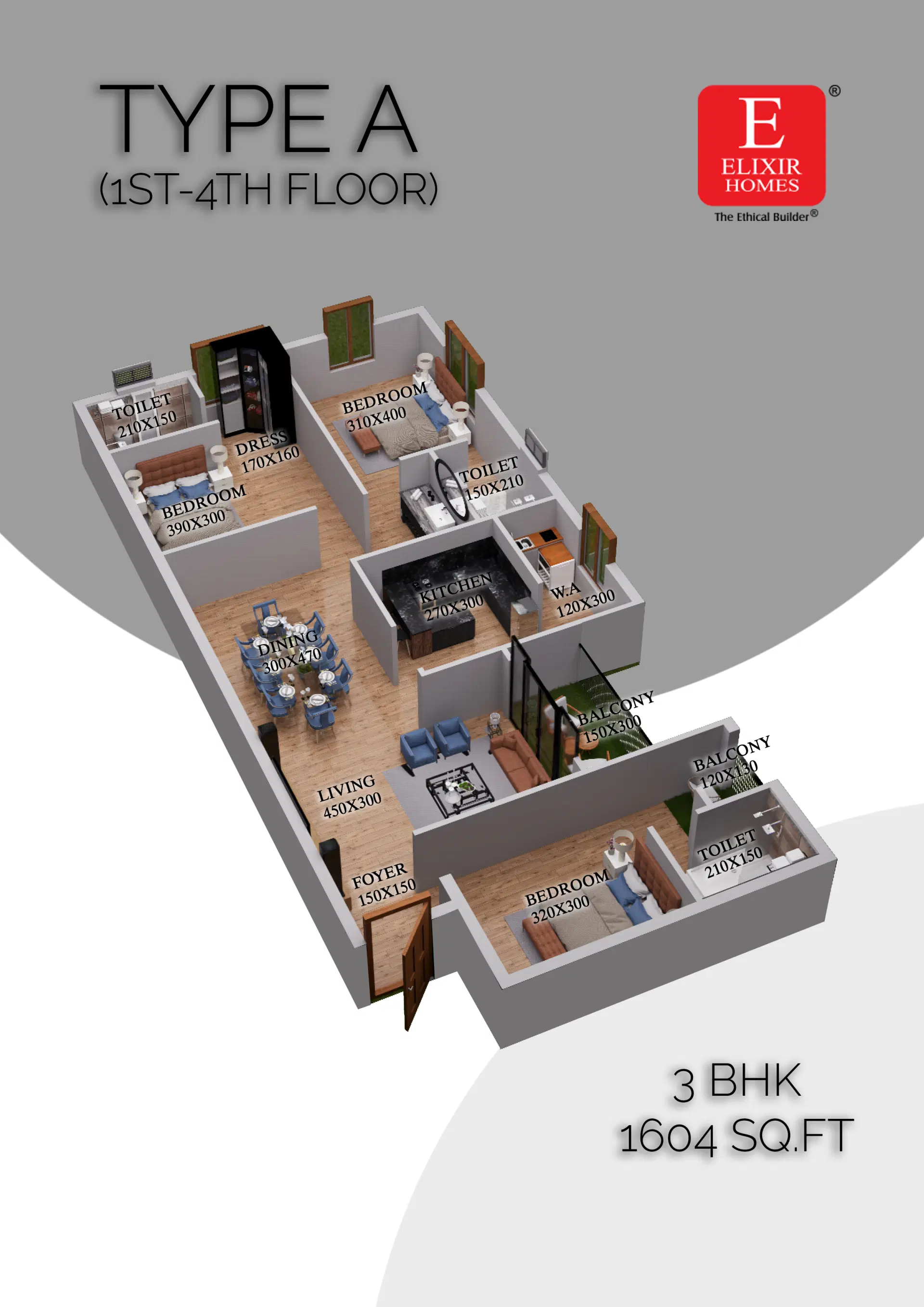 Type A layout plan of a premium apartment in Thrissur residential project