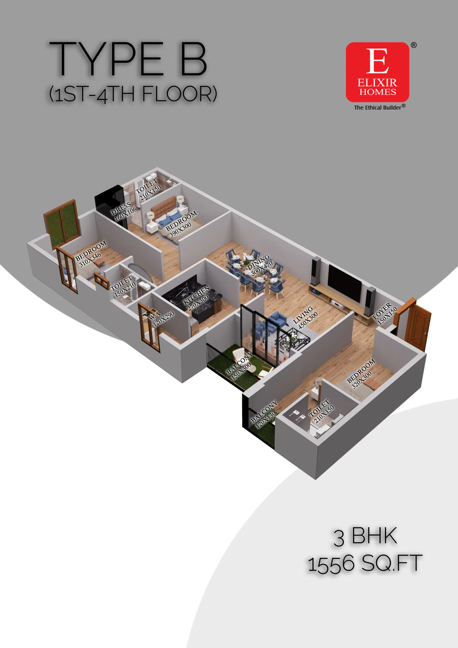 Type B floor layout of apartments near Anchery with 3 BHK configurations