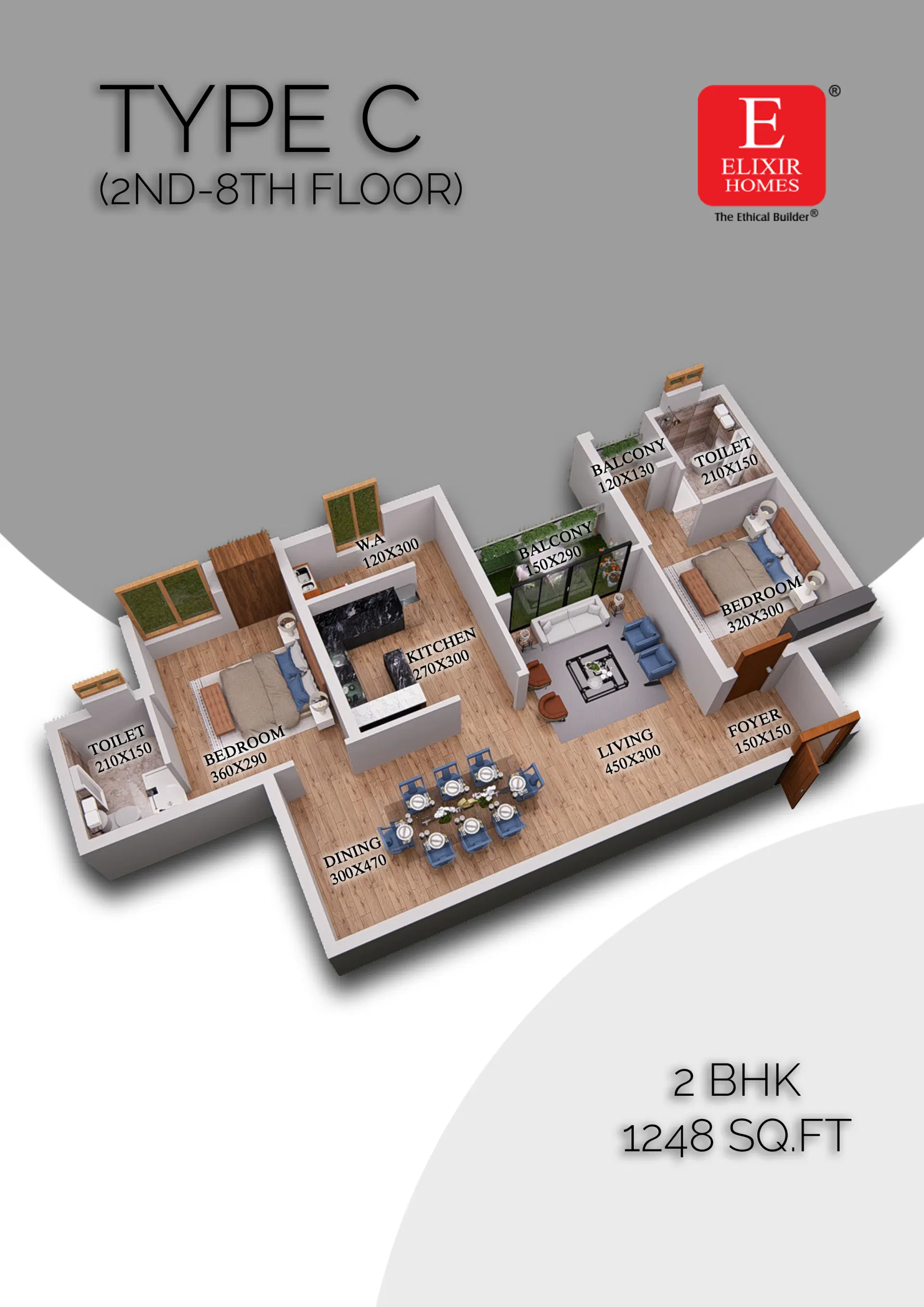 Type C floor plan of Elixir Anfield residential apartments in Thrissur