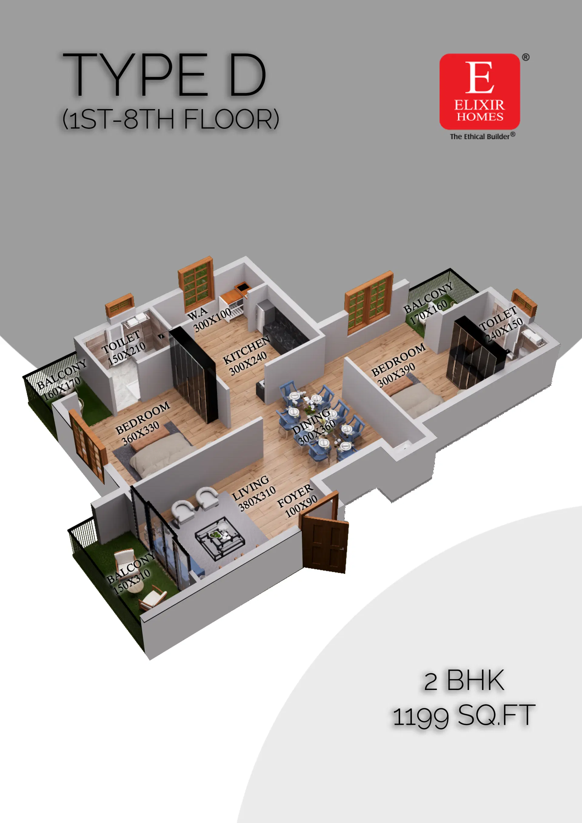 Type D 2 BHK apartment layout in Thrissur