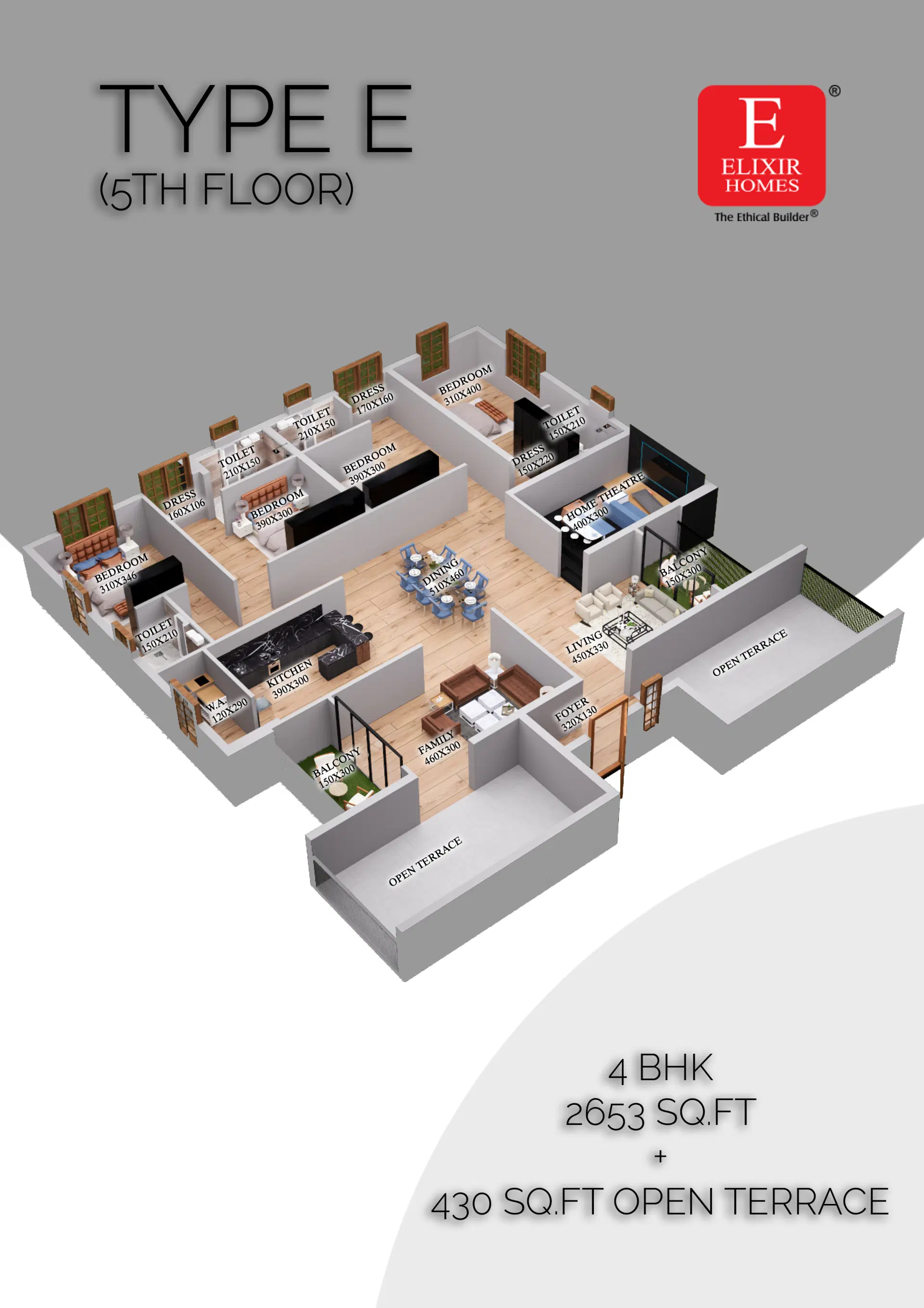 Type E apartment floor plan in Thrissur residential project