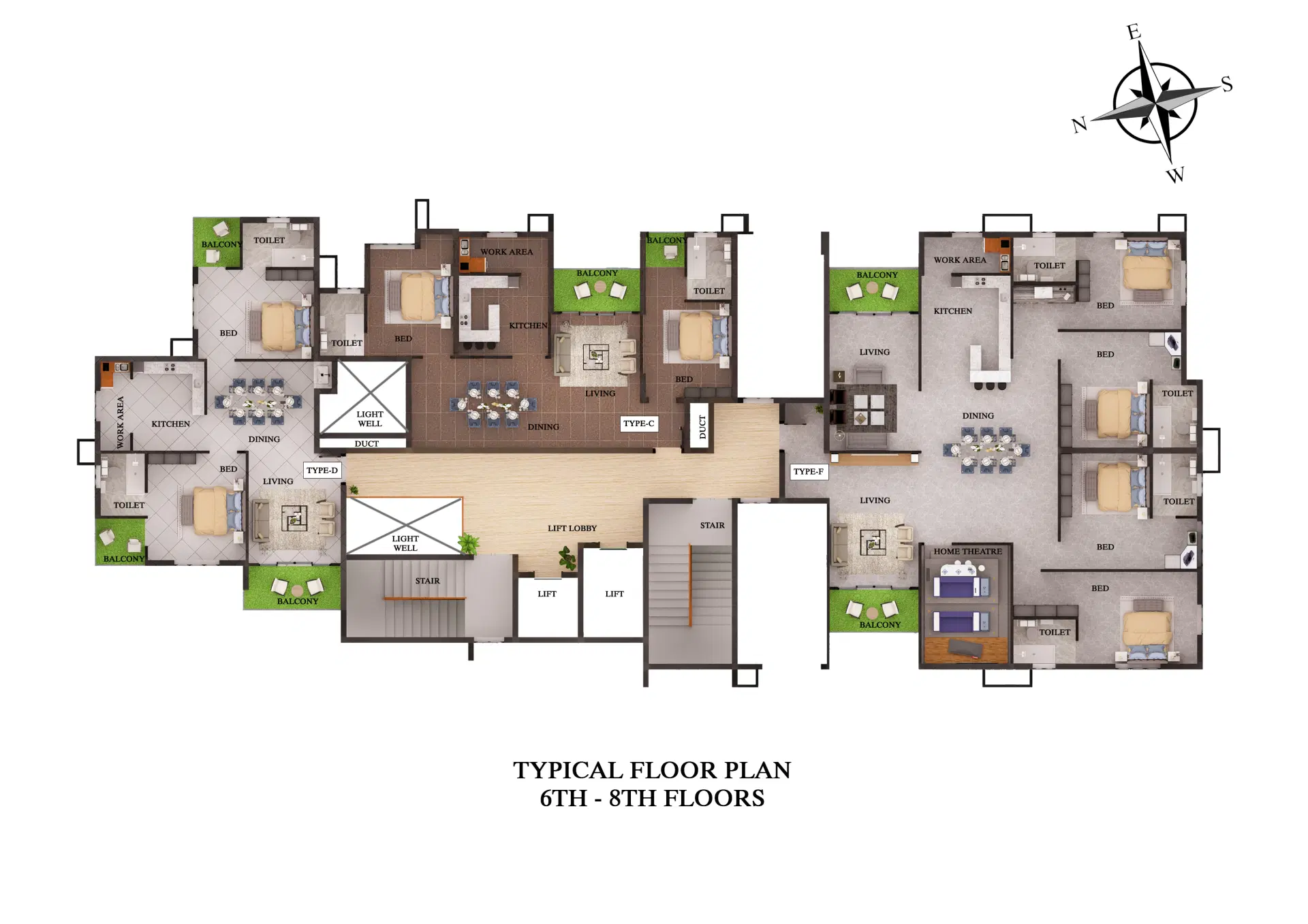 Typical floor layout from 6th to 8th floor of premium apartment in Thrissur