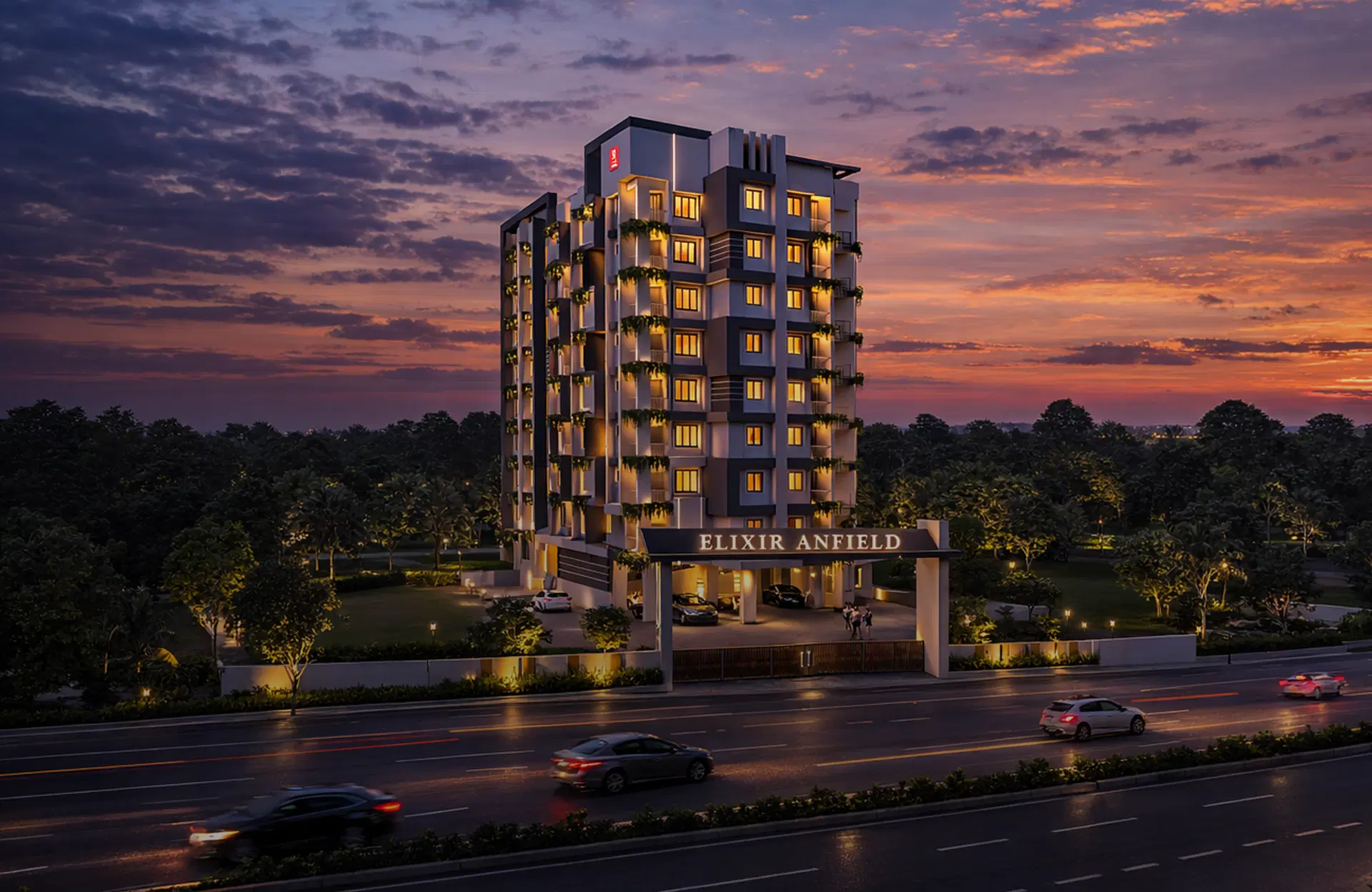 Exterior view of Elixir Anfield showcasing premium apartment in Thrissur